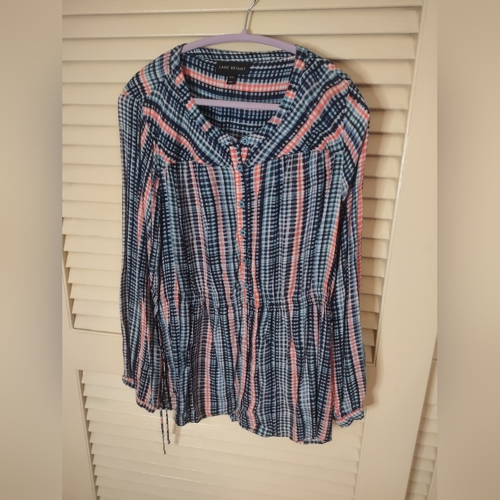 Lane Bryant Navy and Coral Checkered Peplum Blouse